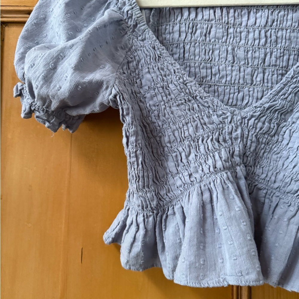 Blue Smocked Puff Sleeve Top by the brand Cotton Candy LA deep v neck cropped - Picture 2 of 6
